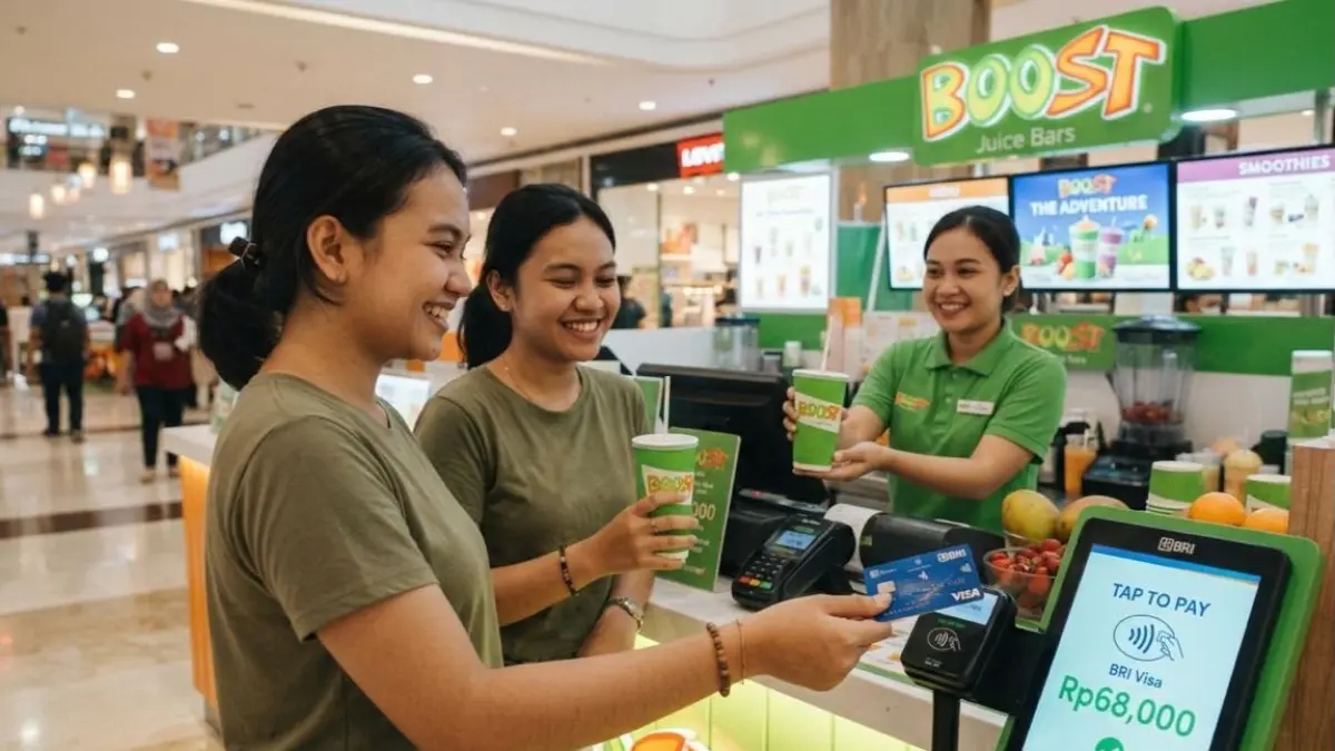 Nikmati kesegaran jus dan smoothies Boost dengan diskon 25% menggunakan BRI Kartu Kredit Visa Contactless.