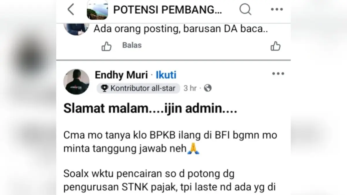 Jadi Polemik : Postingan Akun FB Endhy Muri mendapatkan respon tegas dari pihak BFI Finance Tahuna.