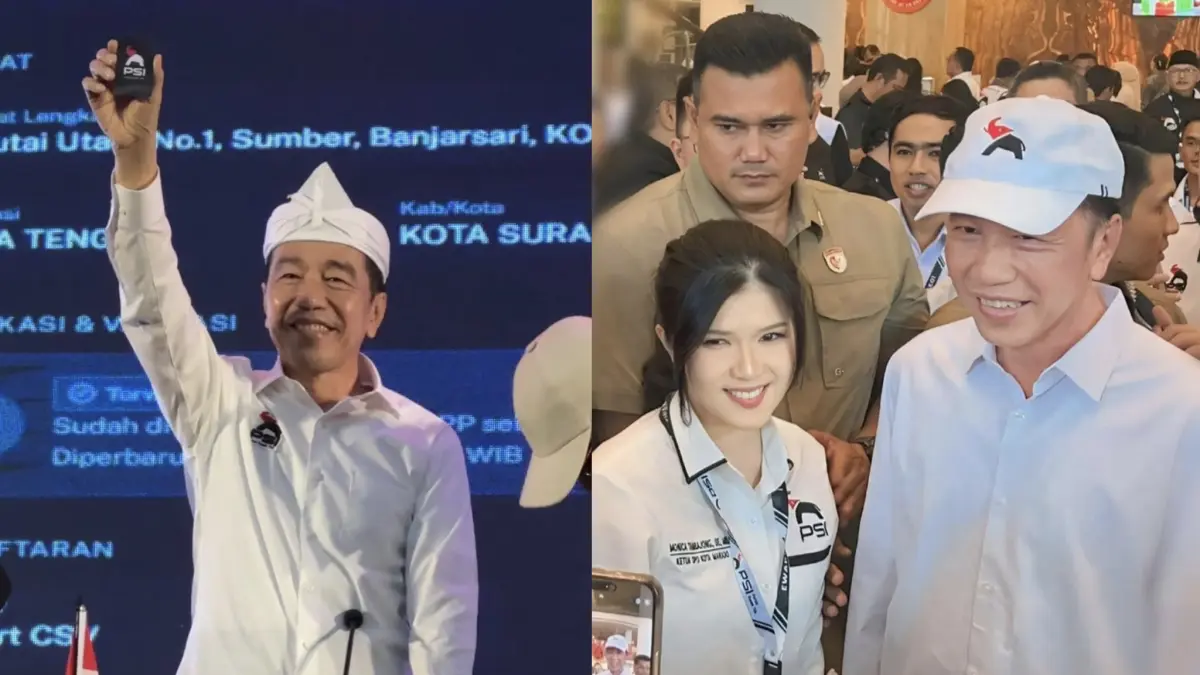 Jokowi saat memperlihatkan KTA PSI. Foro lain. Ketua PSI Manado, Monica Tambajong foto bersama Jokowi