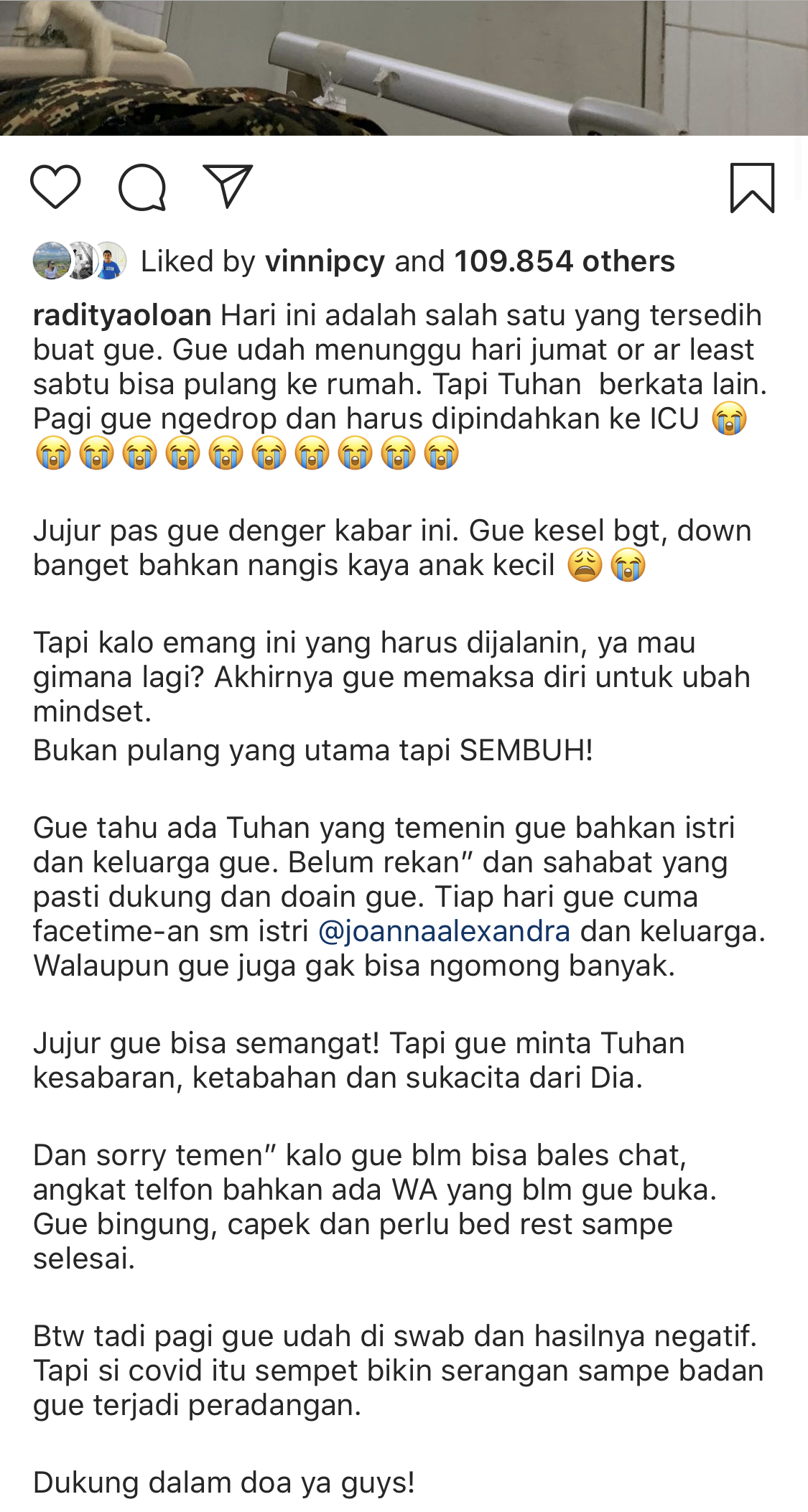 Tangkapan layar postingan terakhir Raditya Oloan di akun Instagram miliknya.