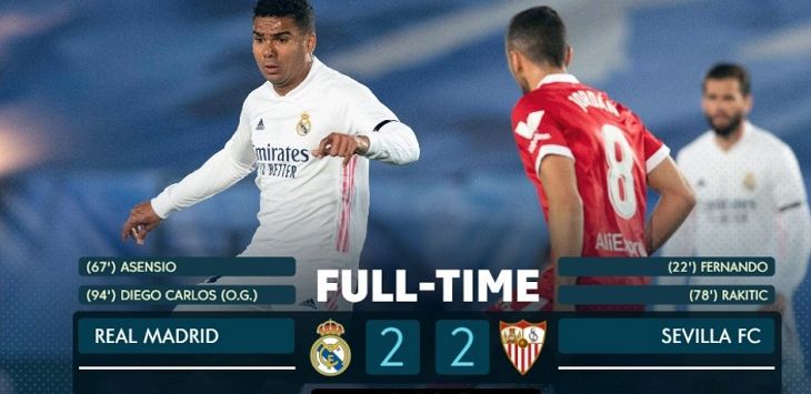 Pertandingan Real Madrid vs Sevilla di Alfredo di Stefano Stadium, Senin (10/5/2021) dini hari WIB berakhir imbang 2-2. ft/Twitter @LaLiga