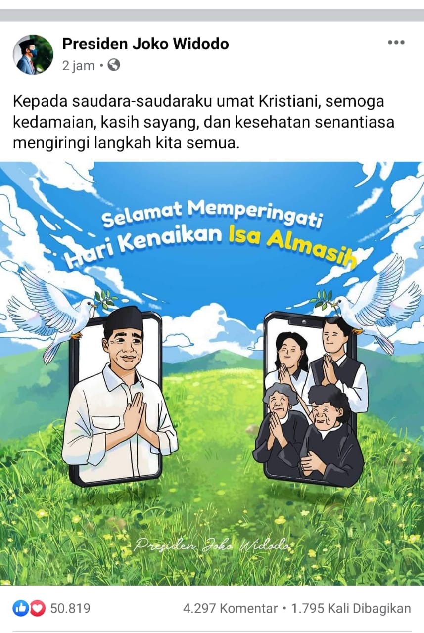 Postingan Presiden Republik Indonesia Joko Widodo (Jokowi) di akun Facebook mengucapkan Selamat Hari Kenaikan Isa Almasih