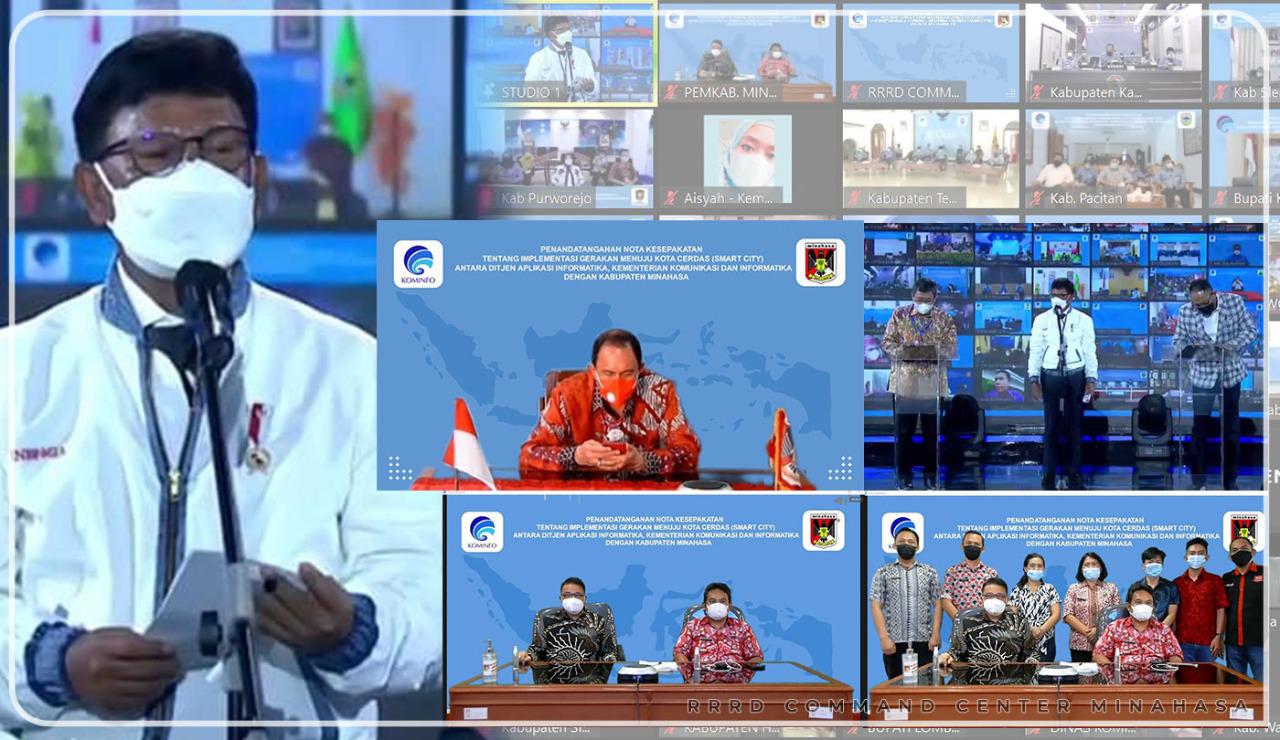 Bupati Minahasa Dr Ir Royke Octavian Roring MSi, menandatangani nota kesepahaman Smart City 2021, disaksikan Menteri Kominfo Jhony Plate, Kamis (20/5).
