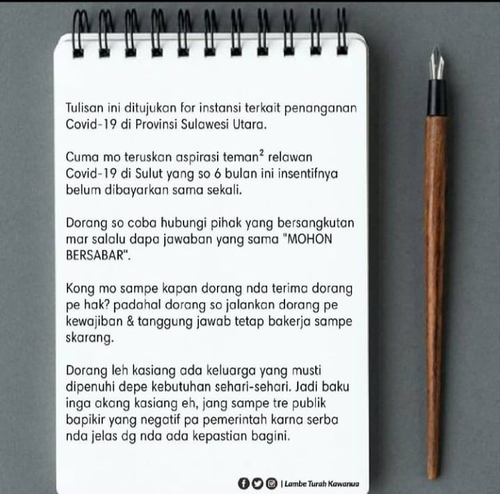 Postingan akun Instagram @lambehturakawanua terkait keluhan relawan Covid-19. (Instagram @lambehturakawanua)