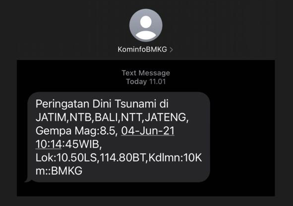 Heboh SMS dari BMKG yang bertuliskan peringatan dini tsunami (Istimewa)