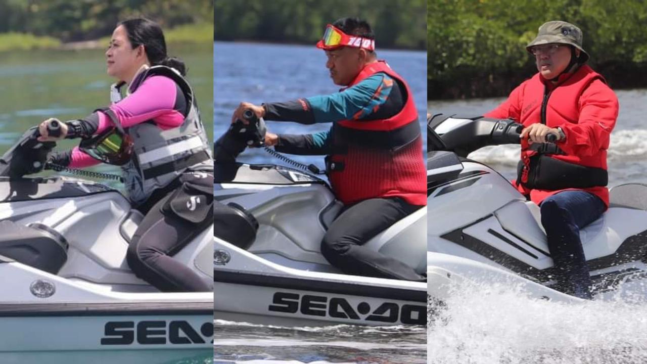 (dari kiri) Ketua DPR RI Puan Maharani, Gubernur Sulut Olly Dondokambey, Wali Kota Manado Andrei Angouw, enjoy main jetski bersama, di Kawasan Minahasa Utara, Minggu (06/06/2021). (Foto FB Paul Adrian)