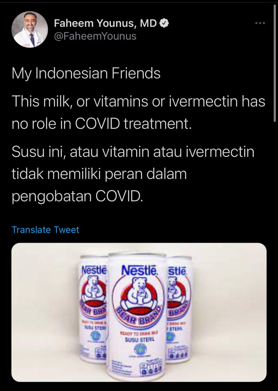 Salah satu cuitan Dokter Faheem Younus yang berbahasa Indonesia.
