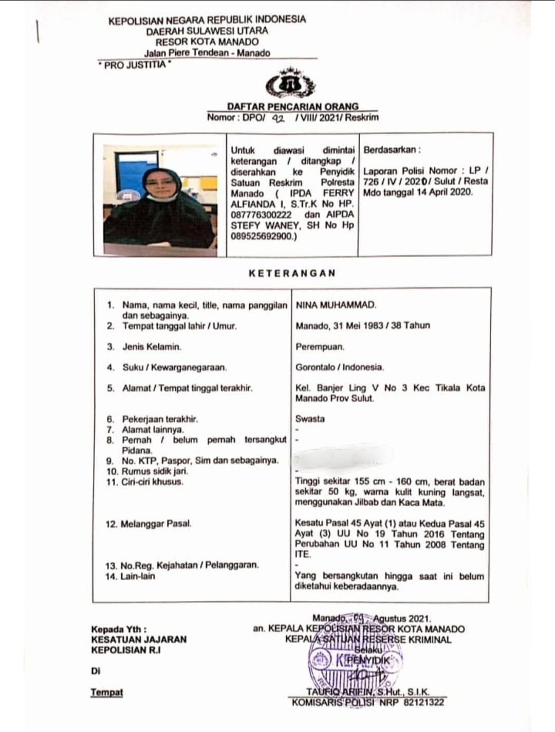 Surat DPO yang diterbitkan oleh penyidik Satreskrim Polresta Manado