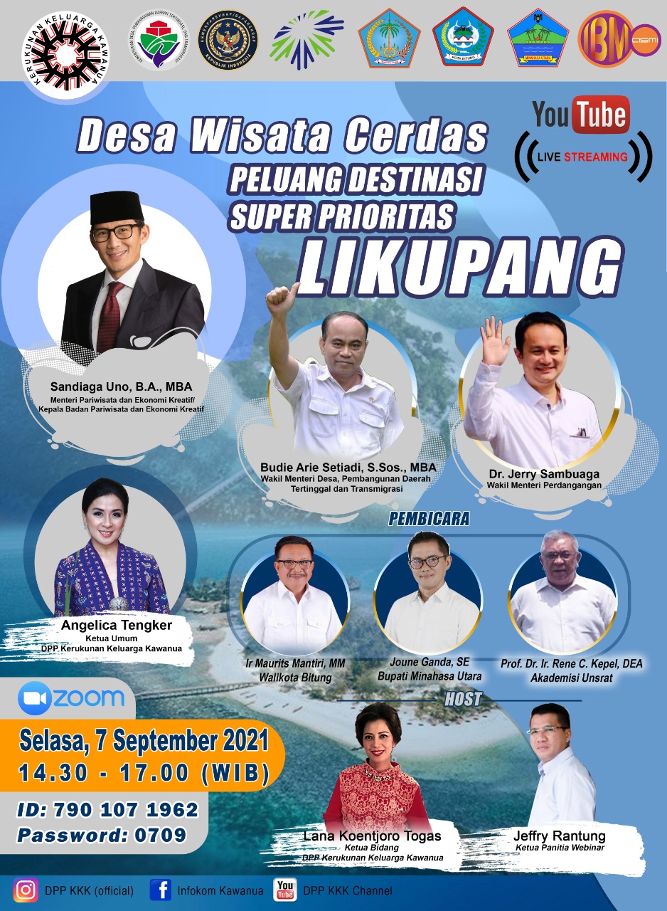 Dewan Pimpinan Pusat (DPP) Kerukunan Keluarga Kawanua (KKK) siap gelar Webinar Nasional bertemakan Desa Wisata Cerdas, Peluang Destinasi Super Prioritas Likupang, dengan sub tema Peluang Bisnis Pariwisata dengan Pengembangan Desa Cerdas di Sulawesi Utara,