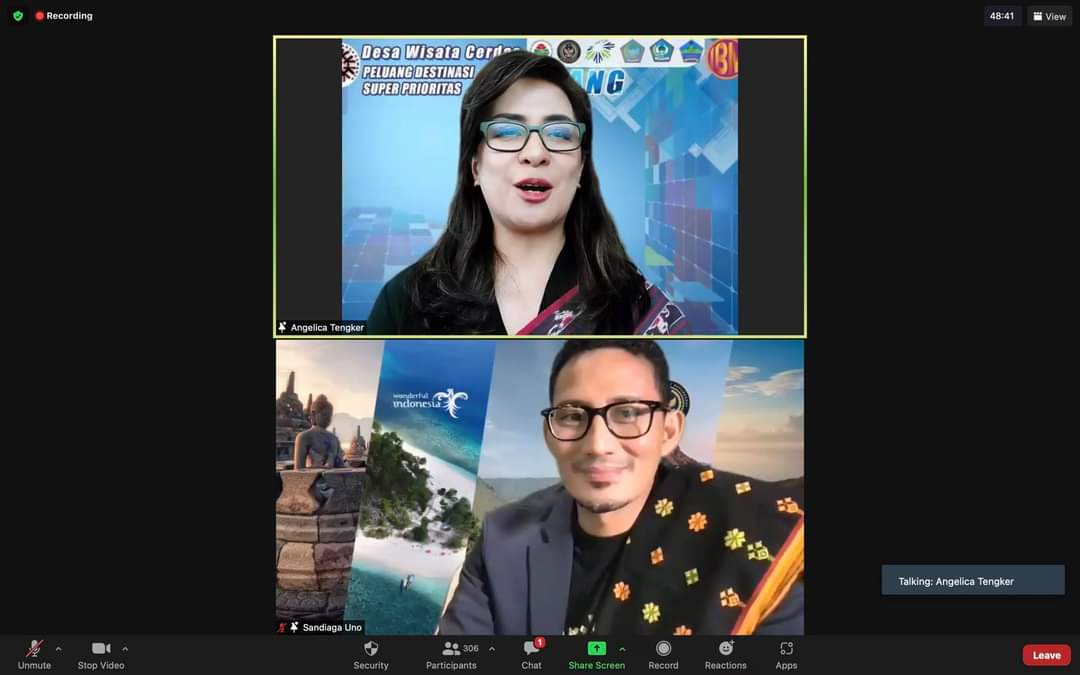 PROMOSIKAN PARIWISATA SULUT: Menteri Pariwisata dan Ekonomi Kreatif Sandiaga Uno BA MBA bersama Ketua Umum DPP KKK Angelica Tengker, di Webinar Nasional, via Zoom Meeting, Selasa (07/09/2021).