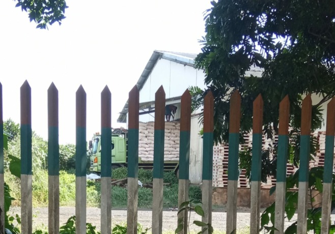 Aktivitas pengepakan pupuk di atas kendaraan angkutan di gudang pupuk Girian menggunakan gancu.(Franky Sumaraw)