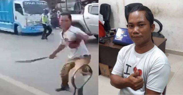 Viral seorang pria kejar polisi pakai celurit.