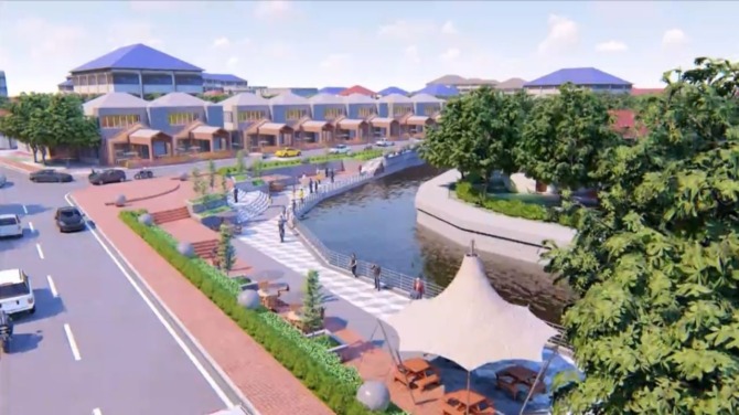 INDAH: Tampak desain wajah Kota Manado di area perempatan Banjer, dengan dilaksanakannya pembebasan tanah serta pembangunan bangunan pengendali banjir dan sarana/prasarana pendukung lainnya. (Sumber: Bapelitbangda Manado)