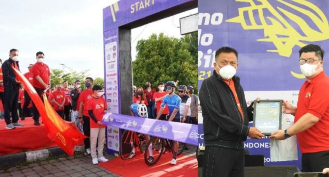 SUKSES: Gubernur Sulut Olly Dondokambey dan Direktur Sales and Marketing Transvision Brando Tengdom ketika melepas para pesepada, Sabtu (29/1). Foto lain, Gubernur Olly ketika menerima Pelakat dari Brando Tengdom.