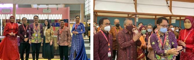 Wakil Menteri Perdagangan  Jerry Sambuaga dan Gubernur BI Perry Warjiyo saat mengunjungi booth pameran UMKM Sulut di KKI 2022 yakni Tenun Songket Pinawetengan dan Ikat Cofo. Didampingi langsung Kepala BI Sulut Arbonas Hutabarat, Jumat (27/5). (BI for MP)