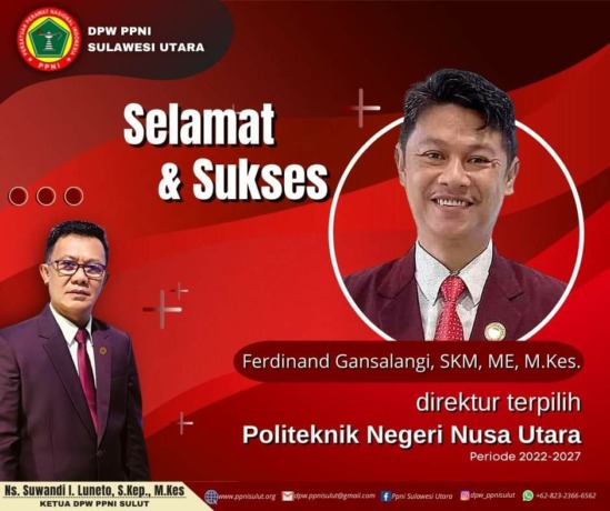UCAPAN SELAMAT: Ketua DPW PPNI Sulut Ns Suwandi Luneto SKep MKes dan Wakil Ketua Bidang Organisasi dan Kaderisasi Persatuan Perawat Nasional Indonesia (PPNI) Sulut 2022-2027 Ferdinand Gansalangi SKM ME MKes, yang terpilih sebagai Direktur Politeknik Neger