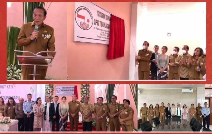 Pimpinan LPK Tsunagu Japan Indonesia Liony Leontin Mongi dan Akira Toda bersyukur bersama pemerintah dan tokoh agama saat peresmian gedung baru, Selasa (30/8) di Tonsealama, Tondano.