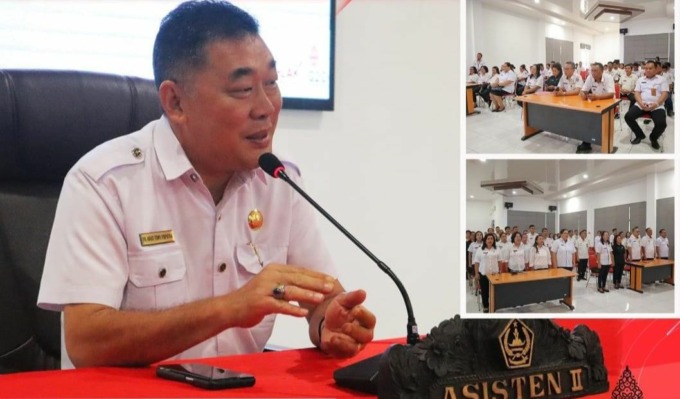 Asisten Perekonomian dan Pembangunan Sekda Dr Agus T Poputra SE MM MA Ak membuka kegiatan Sosialisasi SIMPANANKU, di Ruang Rapat Media Center Kantor Bupati, Kecamatan Siau Barat (Sibar), Rabu (7/12). (Istimewa)