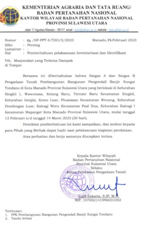 Pemberitahuan pelaksanaan Inventarisasi dan Identifikasi Pembangunan Bangunan Pengendali Banjir Sungai Tondano