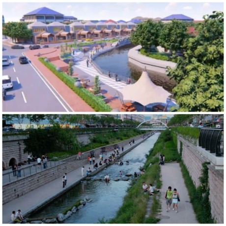 DITATA: Tampak desain wajah Kota Manado di area perempatan Banjer, dengan dilaksanakannya pembebasan tanah serta pembangunan bangunan pengendali banjir dan sarana/prasarana pendukung lainnya. (Sumber foto: Bapelitbangda Manado). Foto lain: Tampak Sungai y