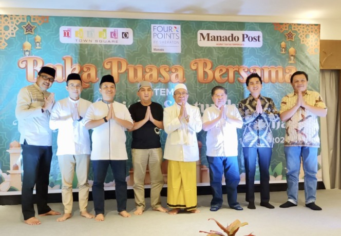Dari kiri, GM Mantos Yono Akbar, GM Four Points Syamsuryadi, Dandim Manado Letkol Inf Himawan Teddy Laksono, Dirut Manado Post Marlon Sumarauw, Ketua MUI Sulut KH Abd Wahab Abd Gafur LC, Owner PT Gerbang Nusa Perkasa Hengky Wijaya, Direktur Operasional Ma
