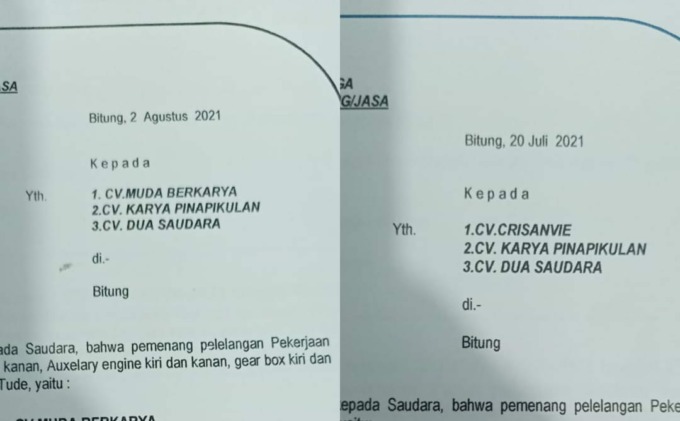 Kejanggalan peserta tender yang tertera dalam dokumen kontrak.(Dok Istimewa)