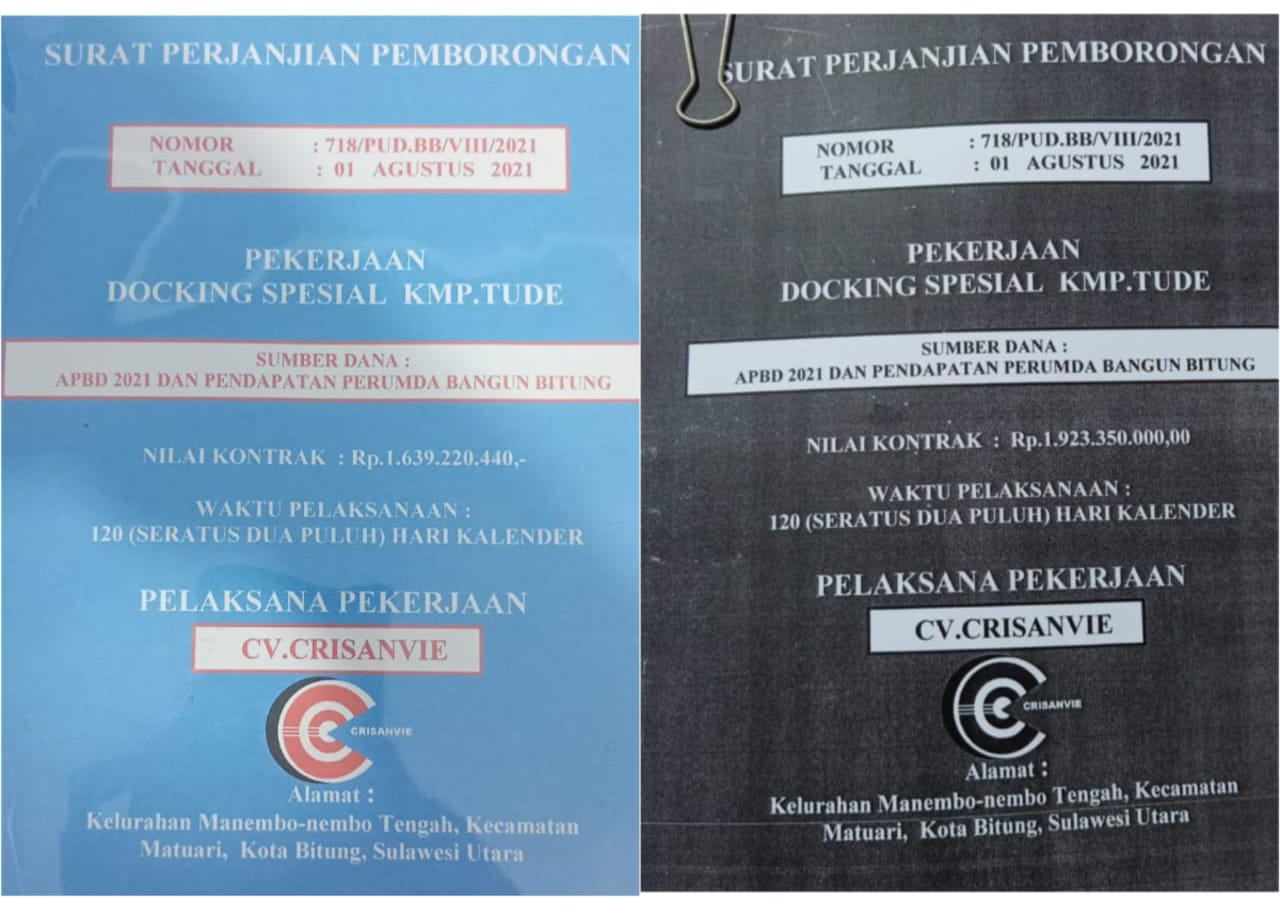 Dokumen kontrak CV Crisanvie setelah perubahan (kiri) dan dokumen kontrak sebelum dirubah (kanan) nilainya terpaut jauh. (Istimewa)