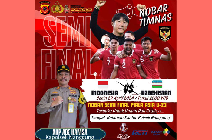 Forkopimcam Nanggung menggelar nobar Timnas Indonesia di Mapolsek Nanggung. Nobar dimulai pukul 21.00 WIB Senin (29/4/2024).