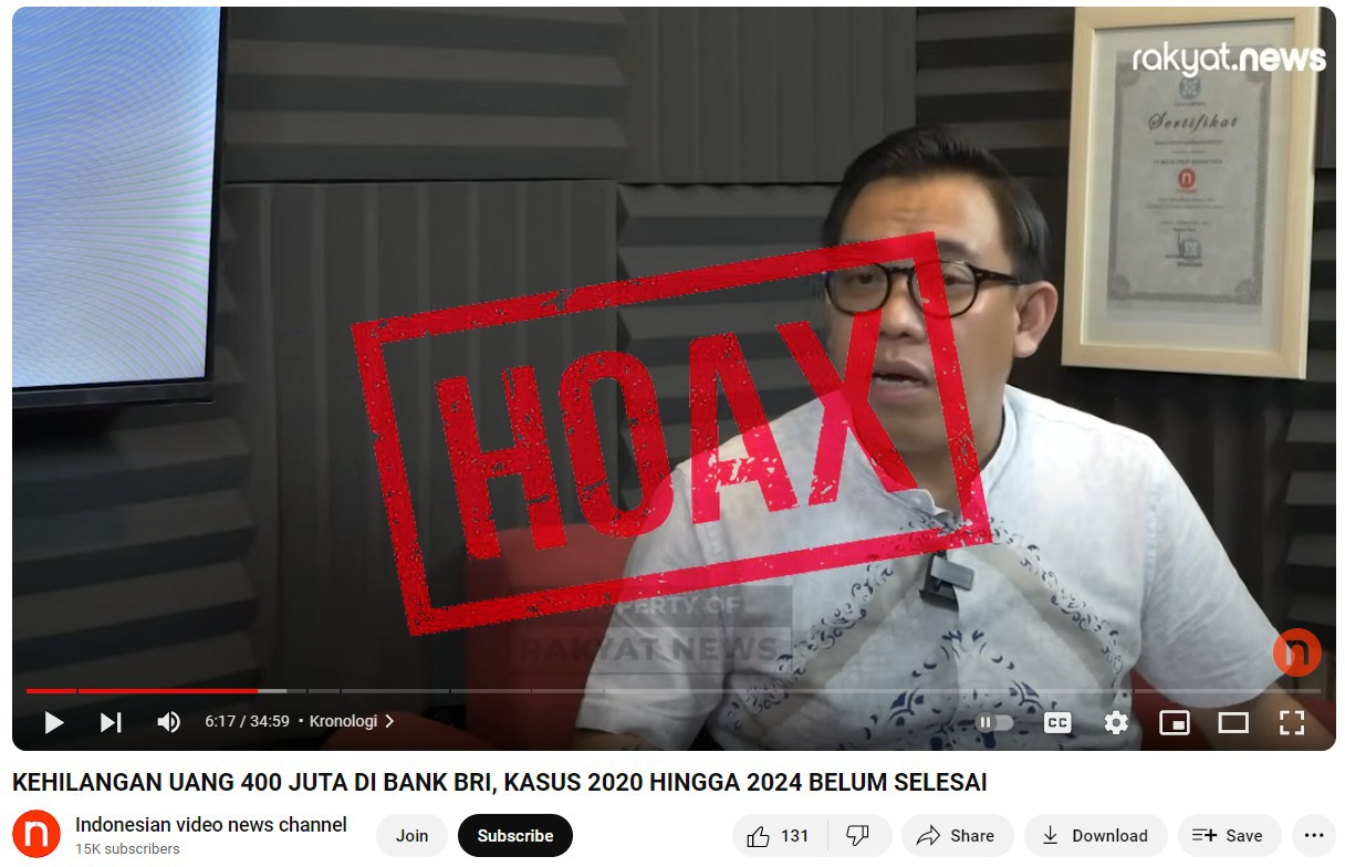 HOAX: video viral di social media (medsos) tiktok dan Whatsapp mengenai kasus raibnya uang Rp400 juta nasabah bernama Sigit Presetya di BRI.