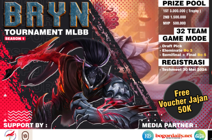 Komunitas anak muda Bogor bernama BRYN (Bogor Youth Network) menggelar Turnamen Mobile Legend untuk anak muda se-Kabupaten Bogor.