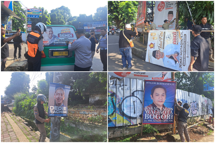 Penertiban spanduk, baliho, poster, sticker liar bergambar Bacawalkot Bogor oleh Petugas Gabungan pada Selasa (28/5/2024).