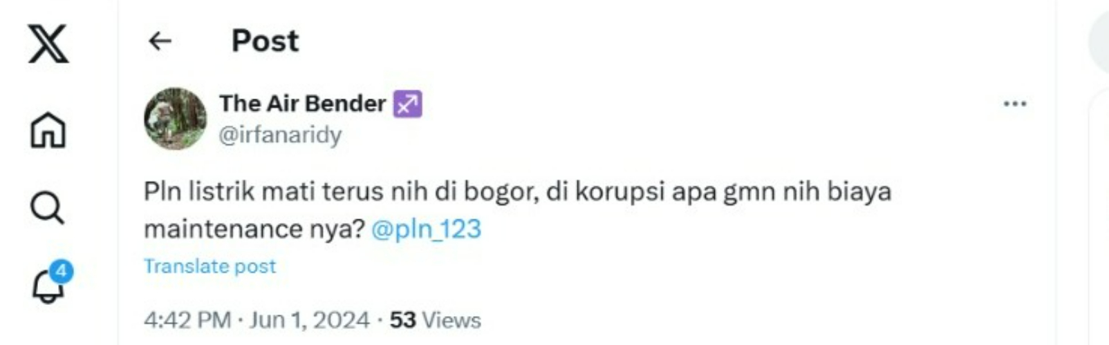 Aduan pelayanan publik lagi-lagi disampaikan salah satu warga, soal mati listrik di Bogor Selatan, kepada PLN, di sosial media X (twitter), Sabru (1/6/2024).