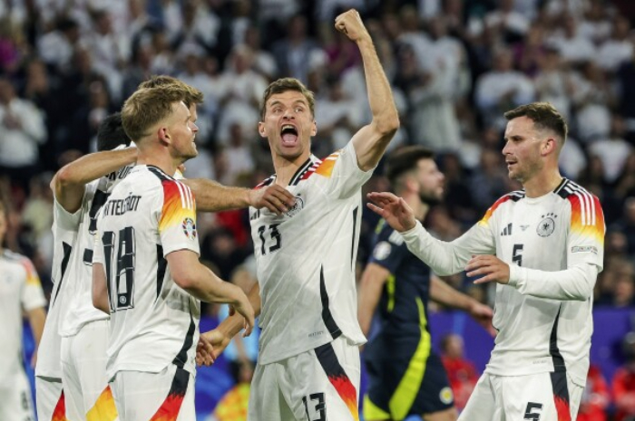 Selebrasi pemain timnas Jerman saat mencebol gawang Skotlandia pada laga pembua Euro 2024, Jumat (14/6/2024).