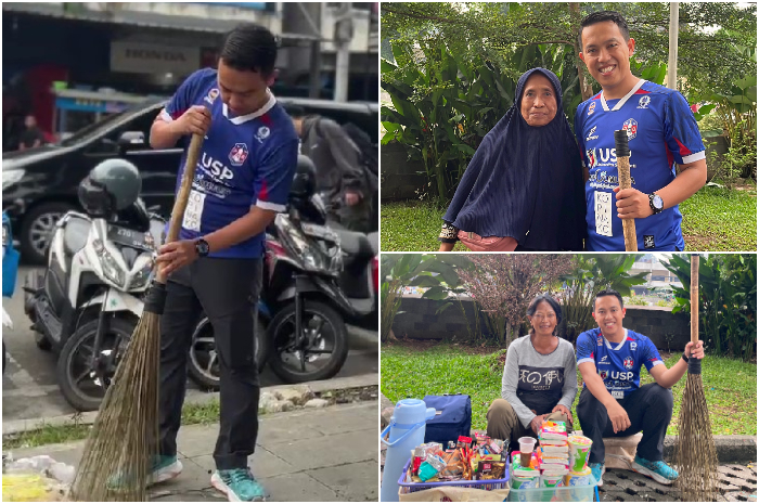 SEMANGAT : Sendi Fardiansyah saat bebersih alun-alun Kota Bogor.