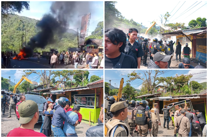Suasana penertiban lapak PKL di Jalan Raya Puncak, Cisarua, Kabupaten Bogor Senin (24/6/2024).