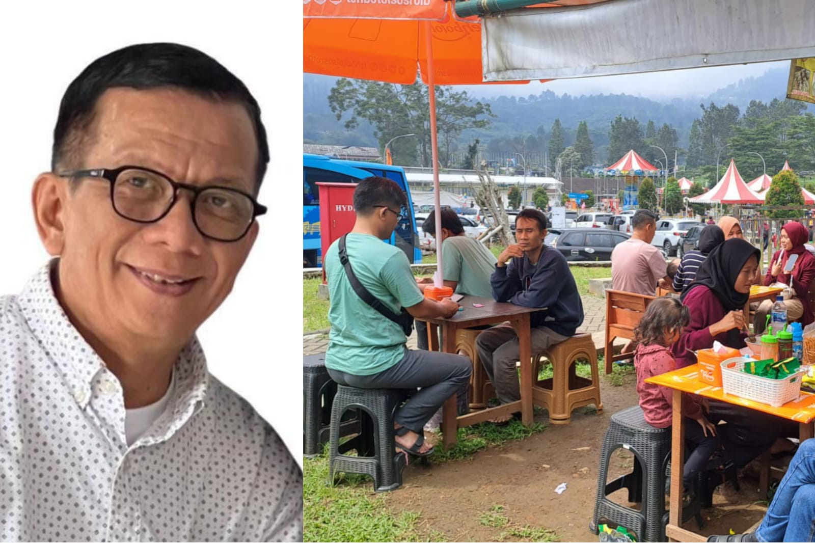 Pengamat, Umar Mansyur (kiri) menyikapi soal PKL di Puncak, Bogor, yang direlokasi ke kawasan Rest Area.