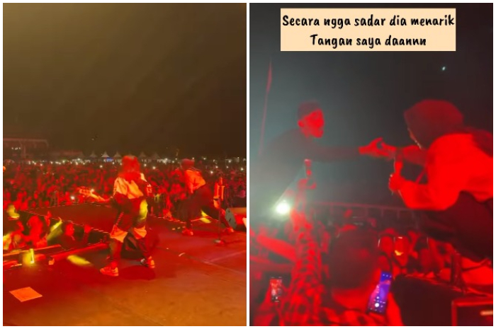 Detik-detik Tantri Kotak jatuh dari atas panggung setinggi 2 meter saat manggung di Cianjur, Sabtu (13/7/2024).