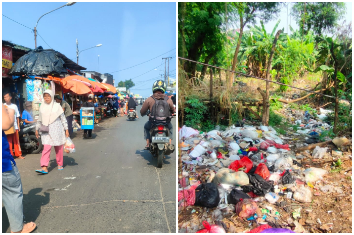 Suasana lapak PKL di kawasan Parung tepatnya Jalan Raya Bogor. Sementara kondisi sampah liar di dekat Pasar Parung.