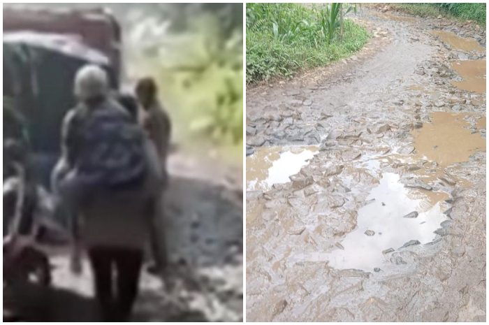 Kiri : tangkapan layar video warga sakit digendong di Desa Malasari, Kecamatan Nanggung, Bogor. Kanan : kondisi jalan rusak yang dilintasi.