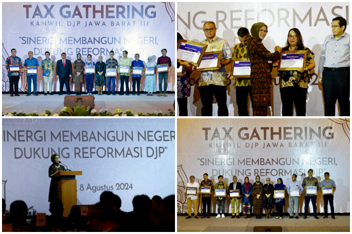 Penghargaan untuk wajib pajak dalam acara Tax Gathering di Gedung Puri Begawan, Kota Bogor pada Kamis (8/8/2024).
