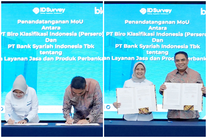 Direktur Keuangan, Administrasi dan Manajemen Risiko PT Biro Klasifikasi Indonesia (kiri) dan Direktur Sales & Distribution BSI Anton Sukarna (kanan) menandatangani MOU.