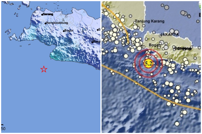 Pusat gempa tektonik M5,2 yang mengguncang wilayah Selatan Jawa, Sukabumi Kamis (15/8/2024) dini hari.