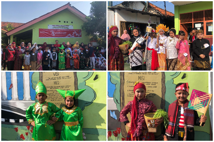 Para siswa dan siswi SDN Sukaresmi yang mengikuti lomba fashion show menggunakan baju adat.