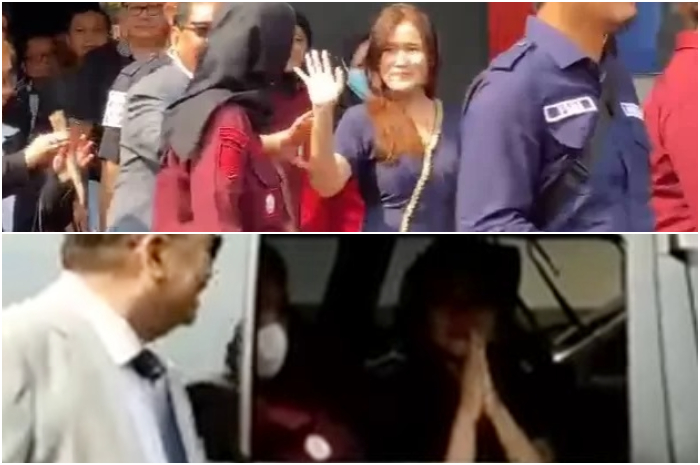 Jessica Kumala Wongso menyapa wartawan saat keluar dari&nbsp;Lapas Perempuan Kelas II A, Pondok Bambu, Jakarta Timur.
