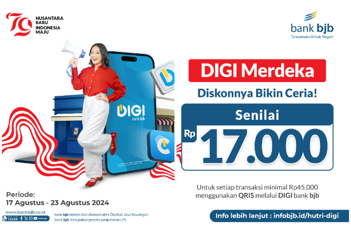 bank bjb meluncurkan program menarik "DIGI Merdeka", yang menawarkan diskon khusus bagi pengguna DIGI dan DigiCash bank bjb.