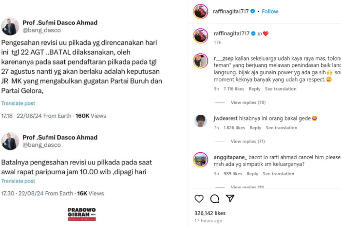 Memosting ulang cuitan Wakil Ketua DPR terkait pembatalan Revisi UU Pilkada ditambahkan logo Prabowo-Gibran, Raffi Ahmad dihujan warganet.