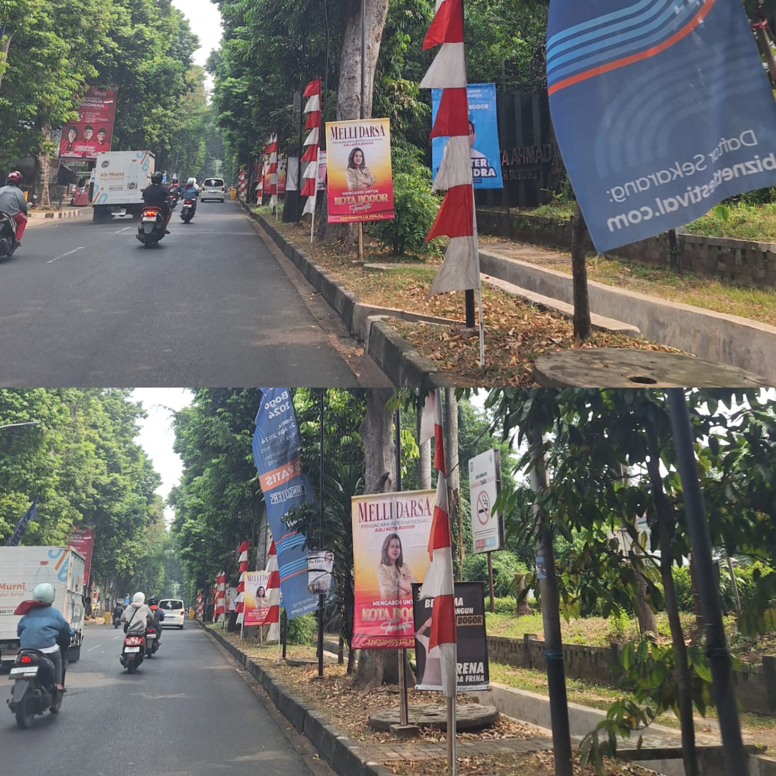 Atribut kampanye Rena Da Frina hingga Melli Darsa banyak terlihat di sepanjang Jalan Ahmad Yani Kota Bogor.