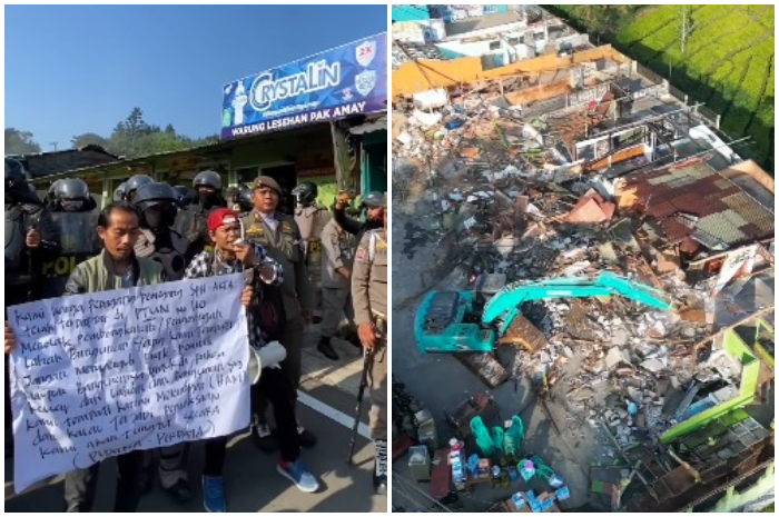 Suasana pembongkaran bangunan liar di Kawasan Puncak Bogor Senin (26/8/2024). Warga dan pedagang lakukan aksi protes.