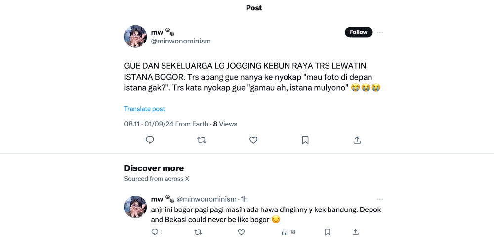 Salah satu netizen di X ungkap ibunya ogah berfoto di depan Istana Bogor.