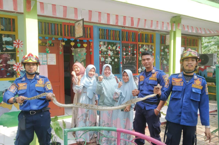 Tim Rescue Damkar Kabupaten Bogor setelah berhasil mengevakusi ular piton di dalam AC.